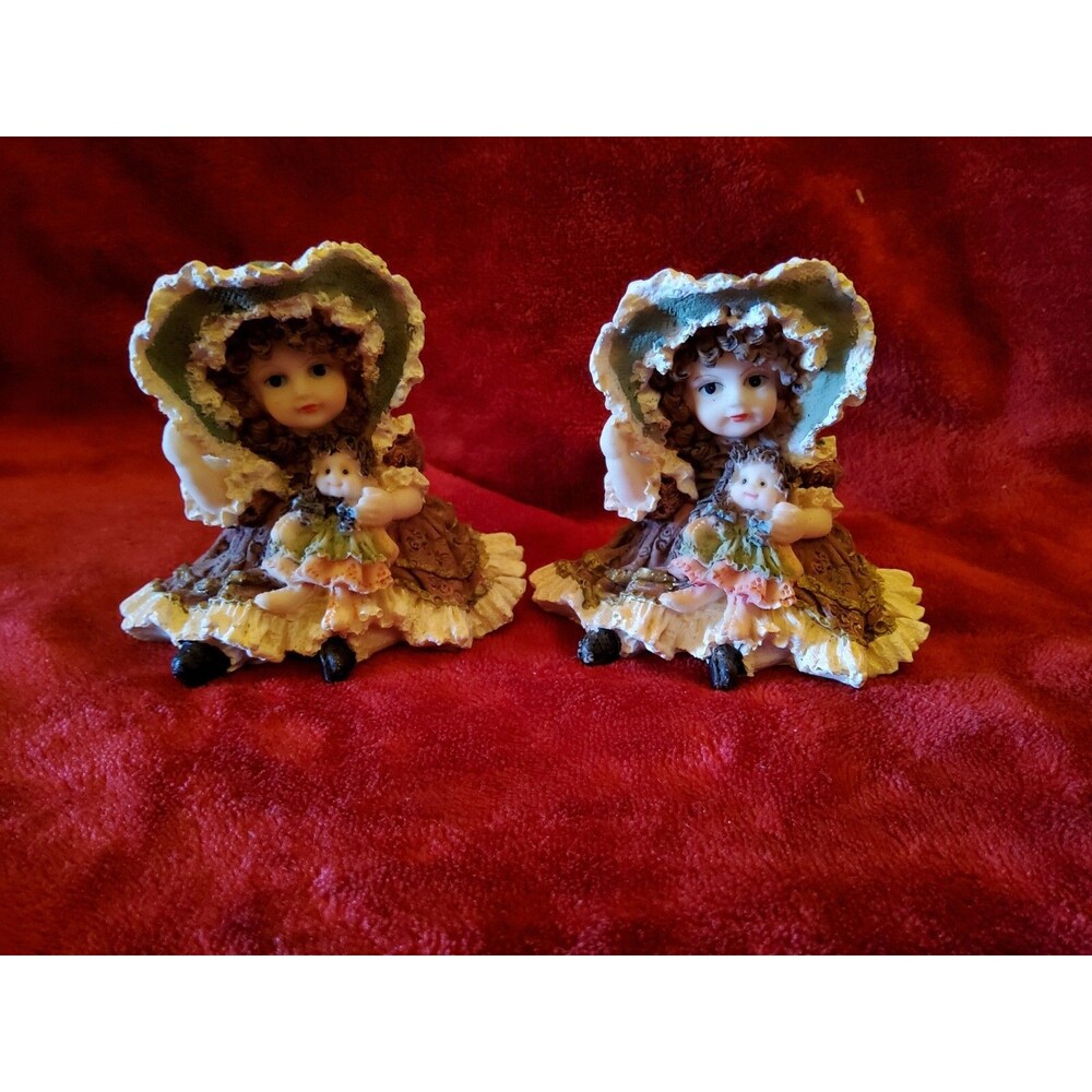 Vintage Set Of 2 Girl in Bonett Sitting with Doll Figurines